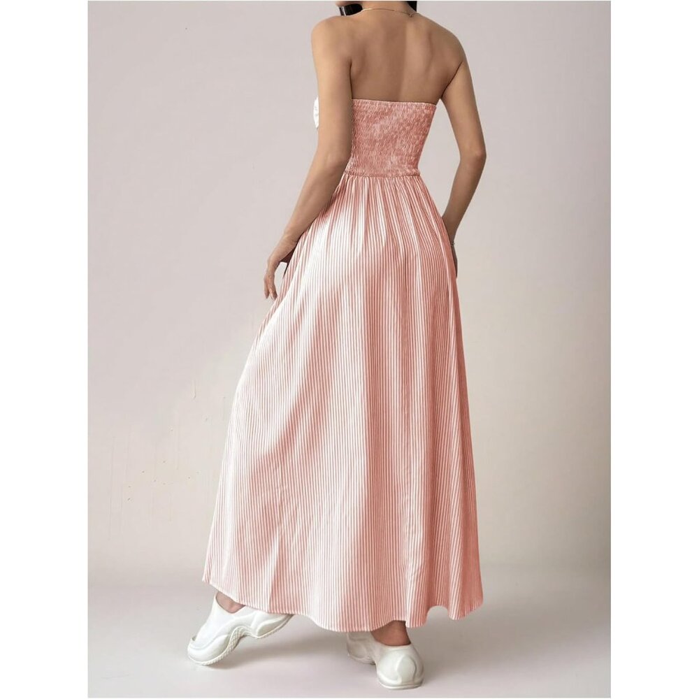 Women's Light Pink Strapless Maxi Dress Summer Tube Top Long With Pocket - Picture 2 of 5